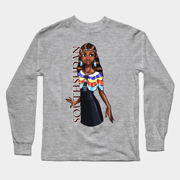 Black is Beautiful - South Sudan pride African Heritage Melanin Girl in traditional outfit Long Sleeve T-Shirt by Ebony Rose 